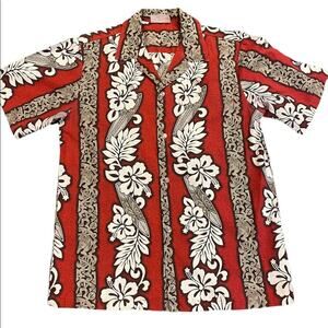 Island Aloha Wear Mens Size Medium Red and Tan Surfboard and FloralPrint Shirt
